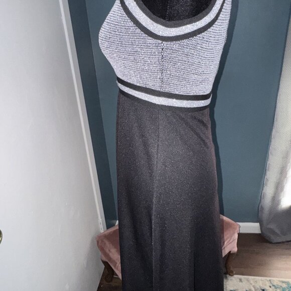 Vintage 60's 70's Mod Empire Waist  Silver Black Halter Knit Maxi Dress XS/S - Picture 10 of 16